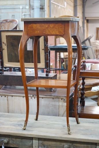 A Louis XV style marquetry inlaid brass mounted kingwood two tier table, width 25cm, depth 33cm, height 69cm